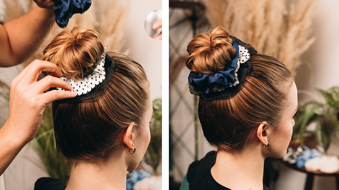 a picture of two buns, left is a stylist putting scrunchies on a bun, second is a picture of a bun with scrunchies stacked on it