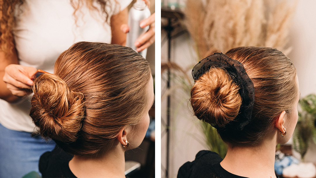 2 pictures of a bun. Left is a stylist creating a bun second is the bun with a black scrunchie on ii